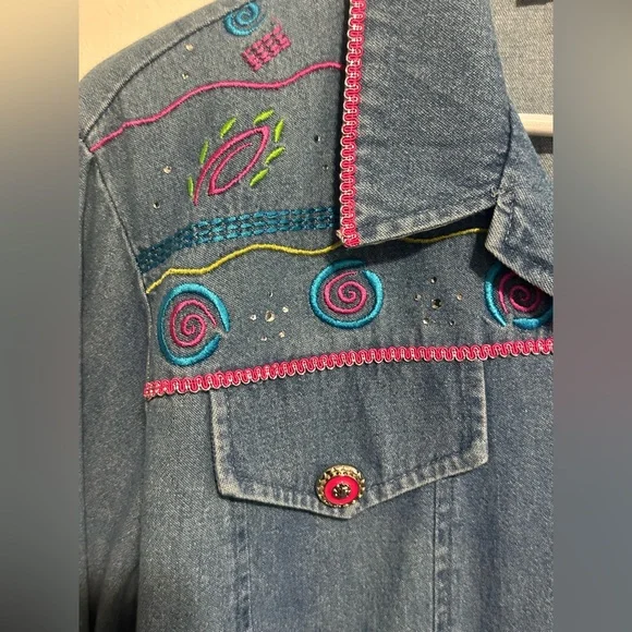 Blue Denim Jacket with Pink and Blue Embroidery - Picture 2 of 7